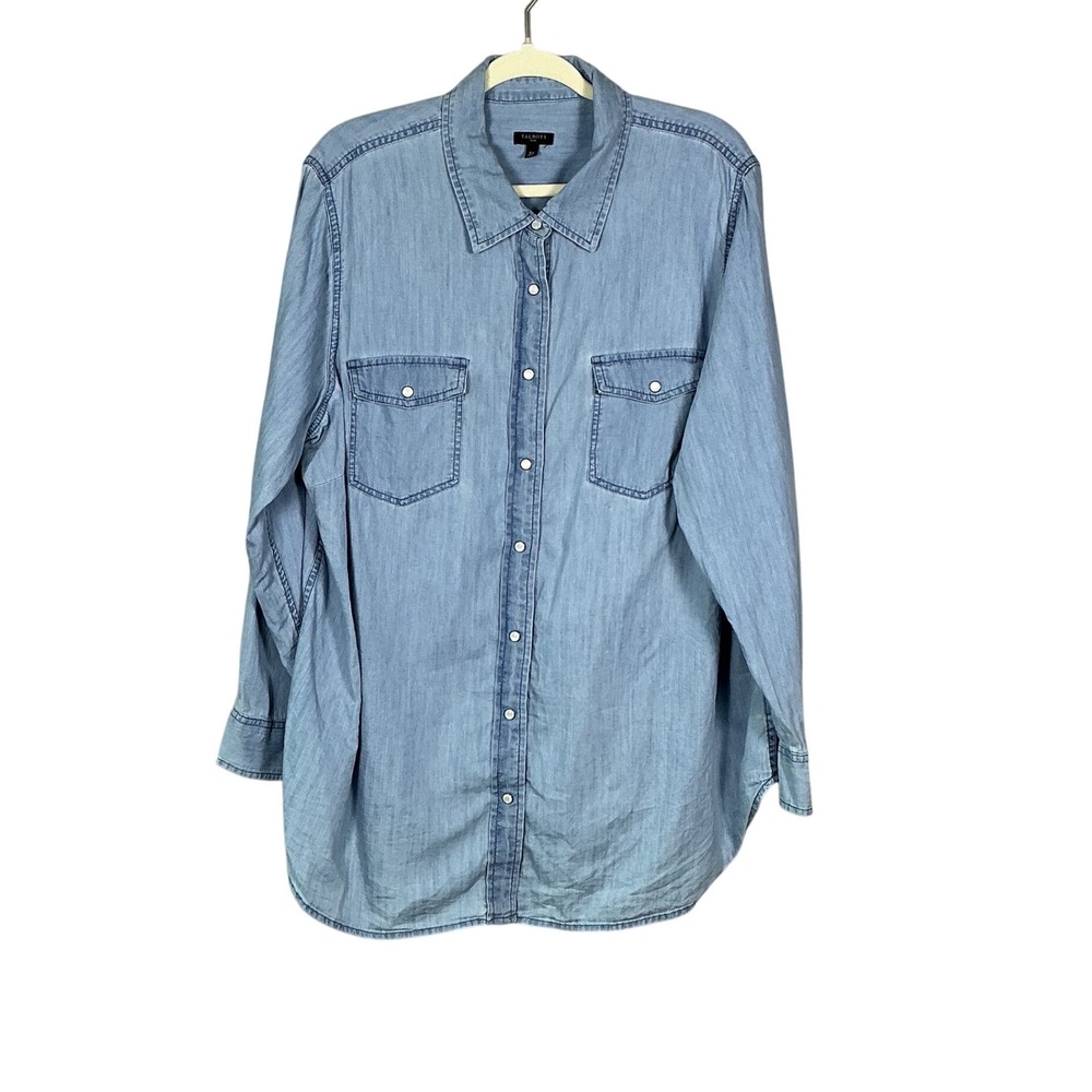 Talbots Plus Women 2X Lt Wash Blue Chambray Snap Button Down Shirt Long Sleeve